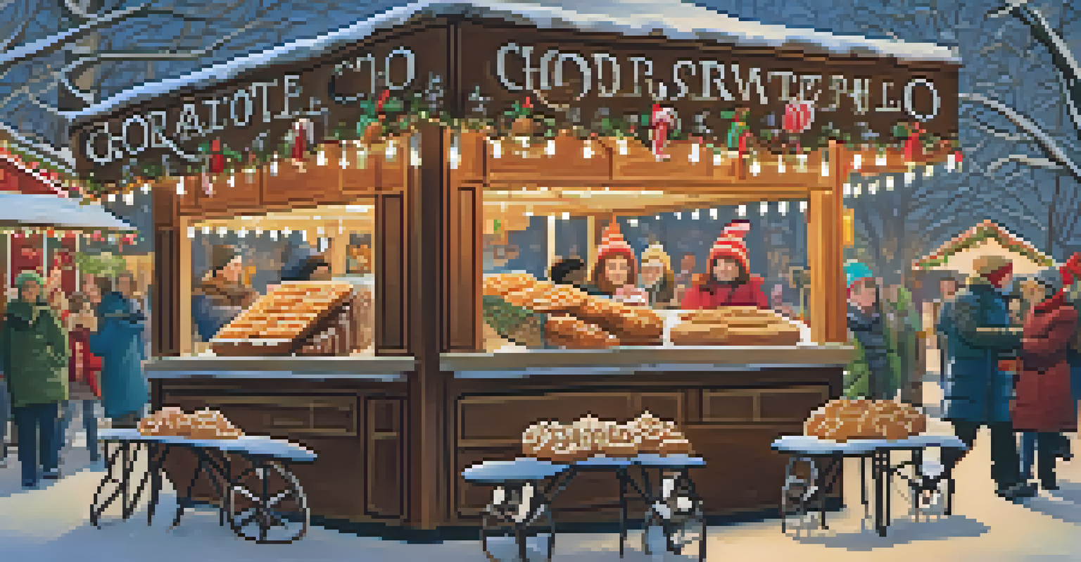 A vibrant food stall with seasonal treats including gingerbread cookies and apple cider at a winter festival.