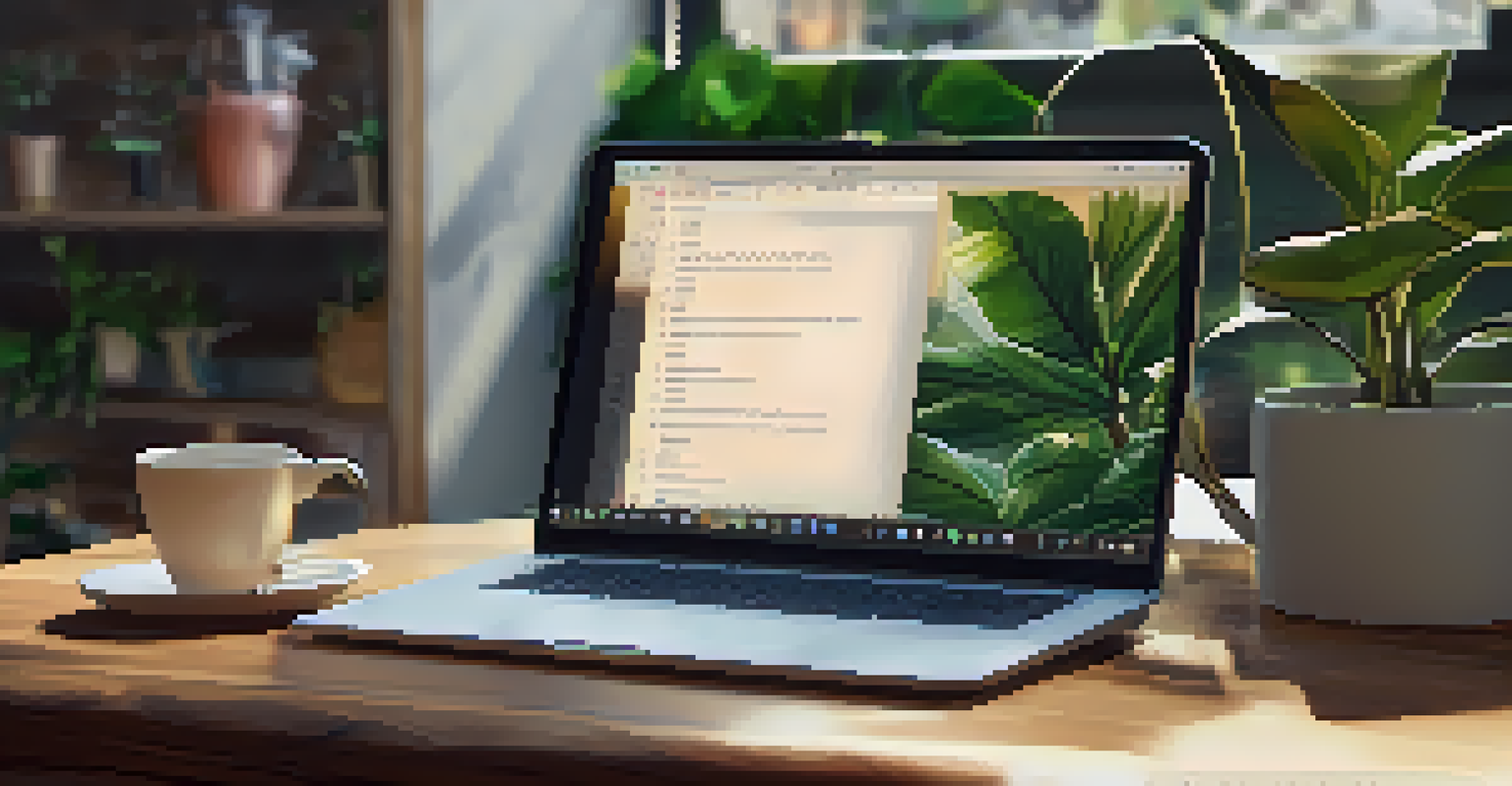 A cozy workspace with a laptop displaying coding software, accompanied by a cup of coffee and a notepad, surrounded by plants.