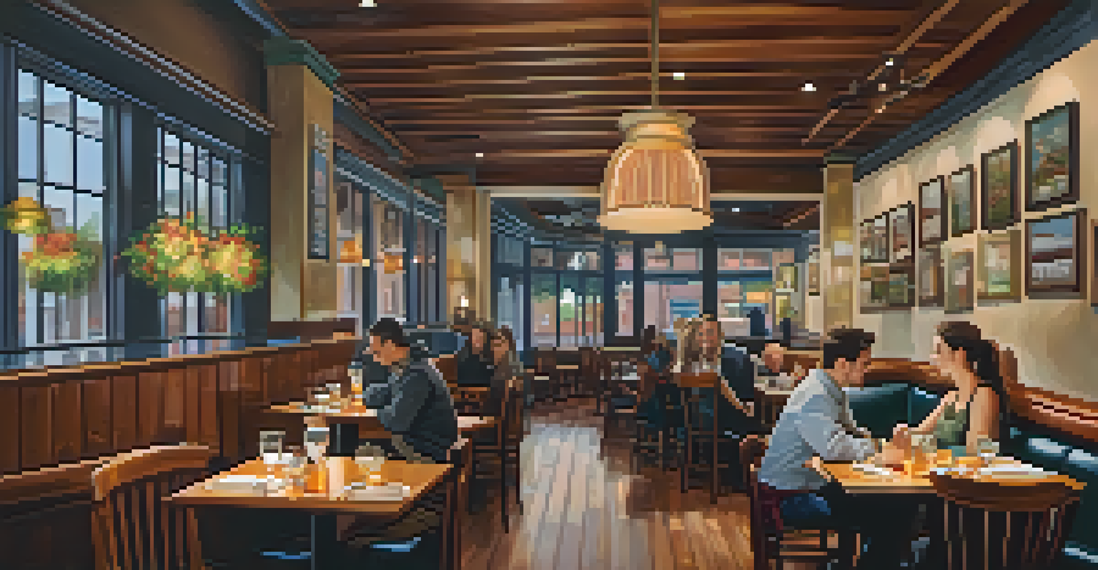 The interior of a cozy restaurant in South End, Charlotte, with diners enjoying meals, wooden tables, and artistic décor.