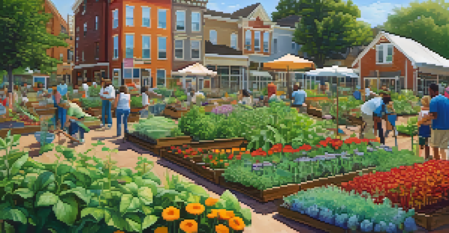 A lively community garden with people planting and harvesting vegetables and herbs in an urban setting.