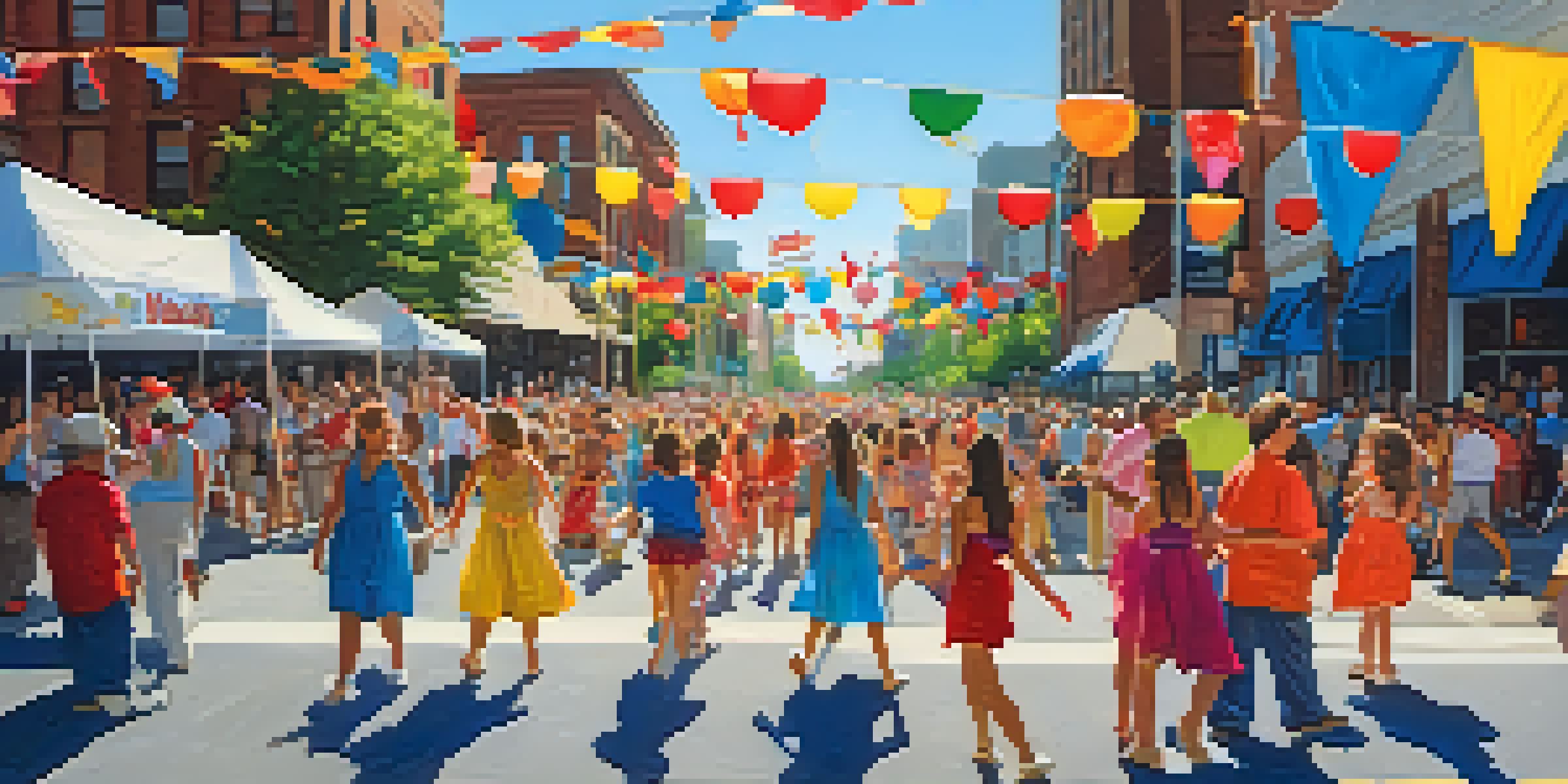 A lively parade scene featuring colorful floats and spectators enjoying the CarolinaFest parade in Charlotte under a clear blue sky.
