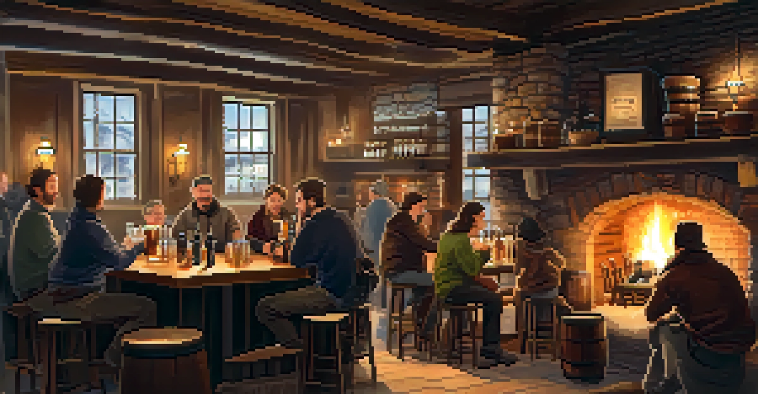 A cozy indoor brewery with patrons enjoying dark ales and comfort food by a fireplace in a warm atmosphere.