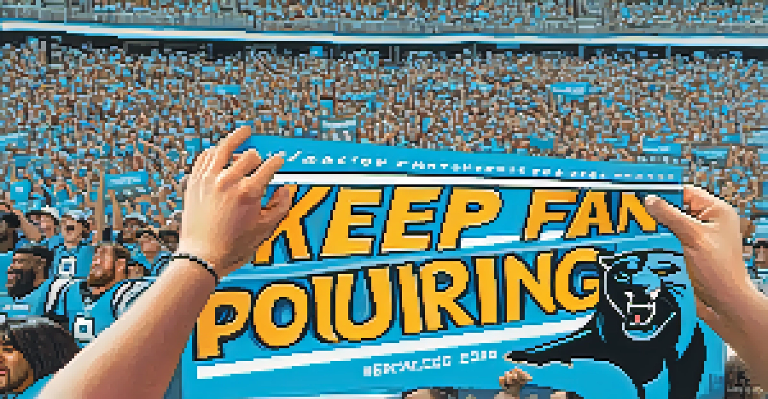 A close-up of a fan's hand holding a 'Keep Pounding' sign, with a cheering crowd in the background at a Carolina Panthers game.