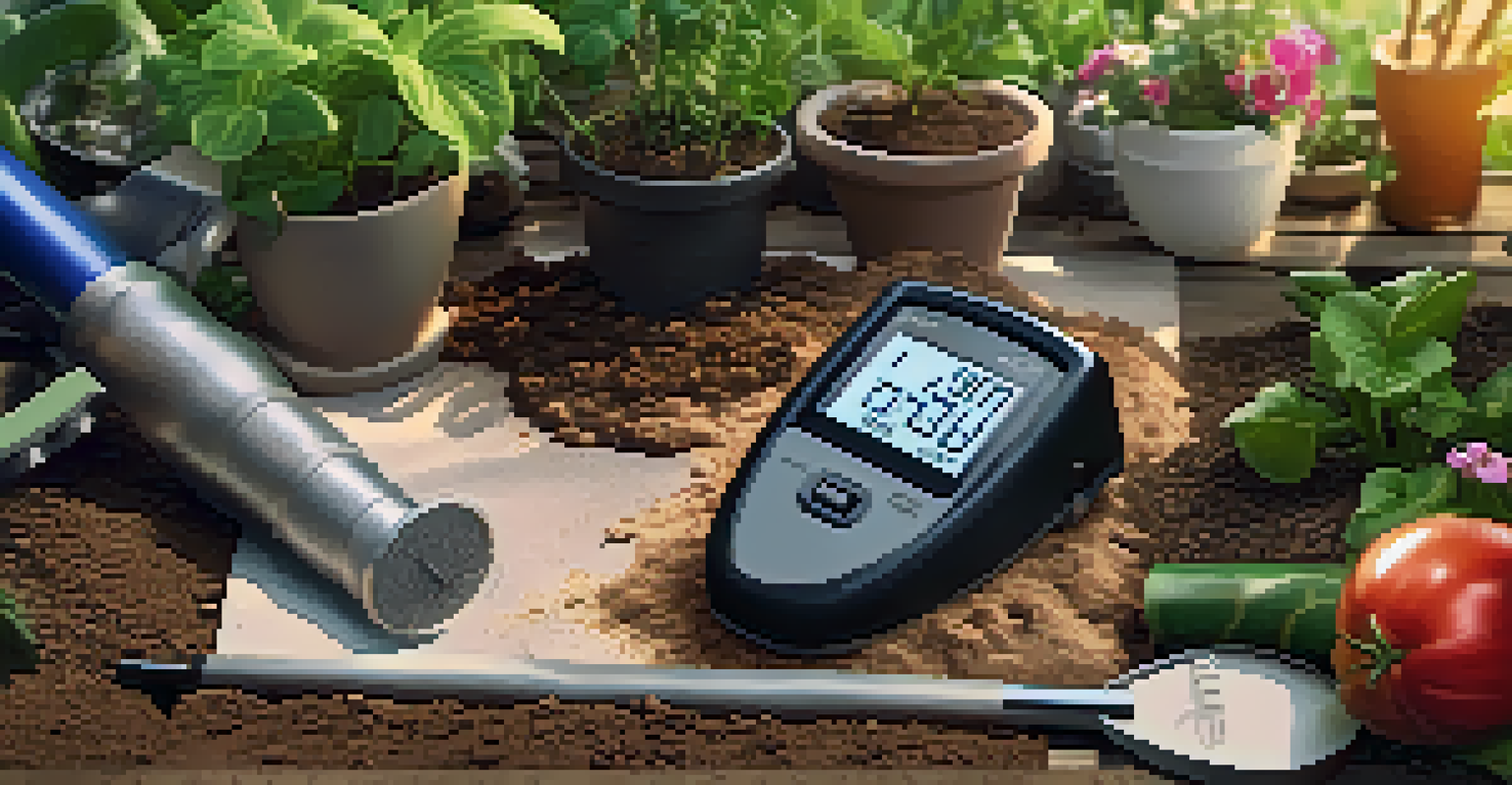 A close-up of soil testing with a pH meter and gardening tools, set against a vibrant garden backdrop.