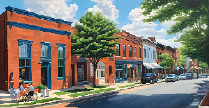 A panoramic view of South End in Charlotte featuring modern buildings, street art, and green parks with people enjoying the area.