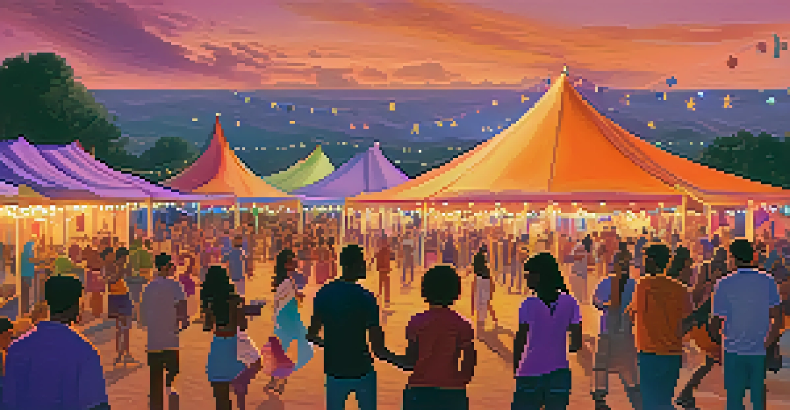 A lively outdoor music festival at sunset, with diverse crowds enjoying performances and colorful tents under a vibrant sky.