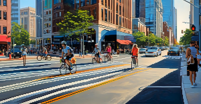 A busy urban street in Charlotte with modern and historic buildings, featuring dynamic traffic signals, pedestrians, and cyclists.