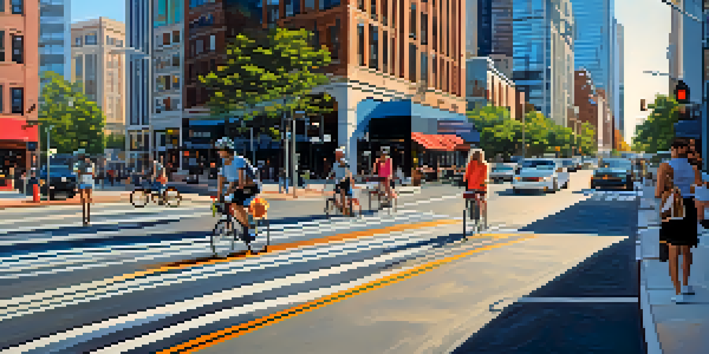 A busy urban street in Charlotte with modern and historic buildings, featuring dynamic traffic signals, pedestrians, and cyclists.