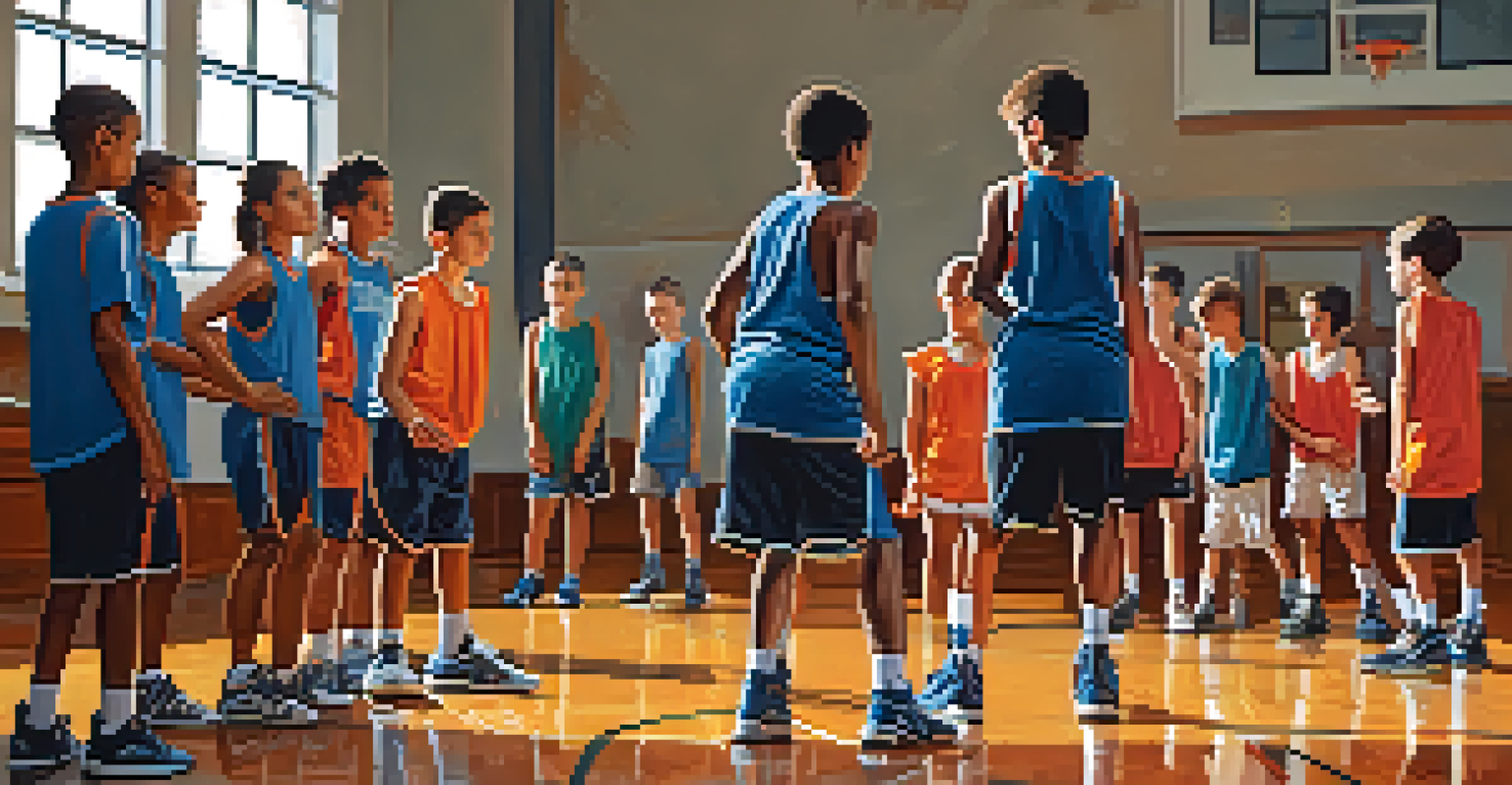 A youth basketball practice in a gym, with children learning from a coach and practicing their skills.