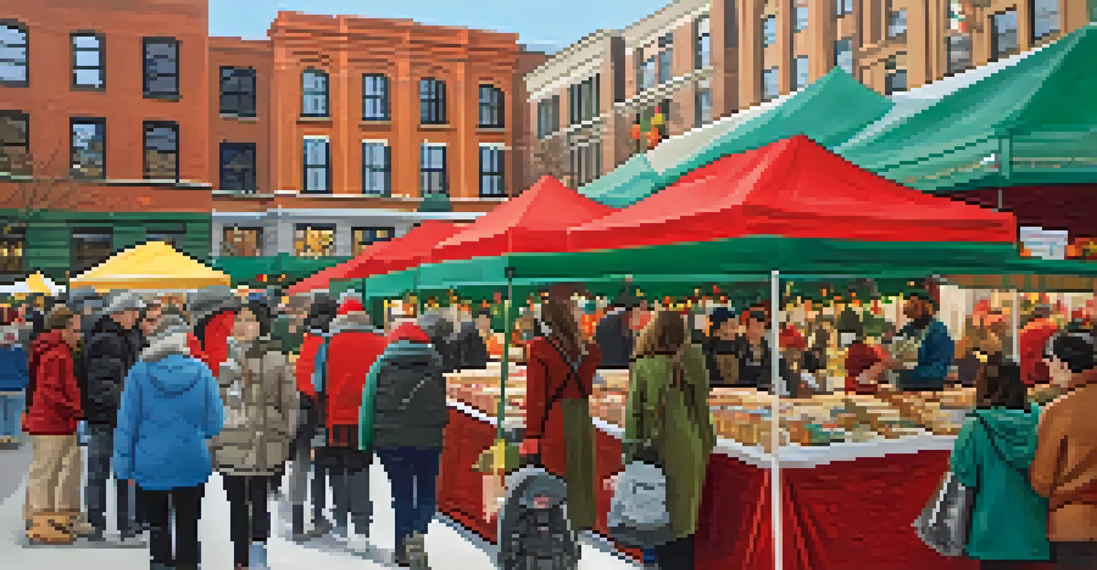 A festive market in Uptown Charlotte, bustling with vendors and visitors enjoying handmade crafts and holiday treats.