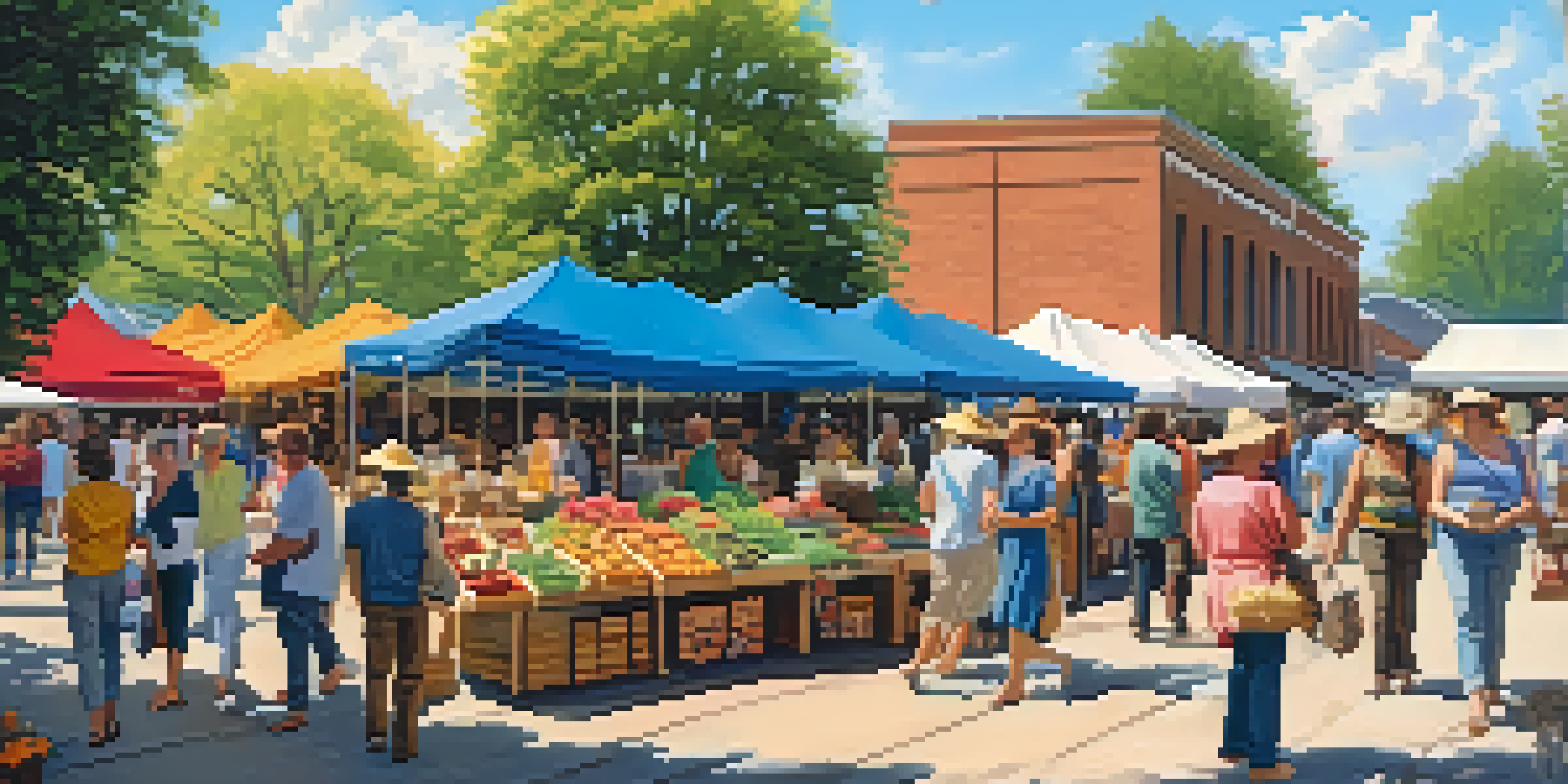 A lively outdoor market in Charlotte with artisans selling colorful handmade goods under a clear blue sky.