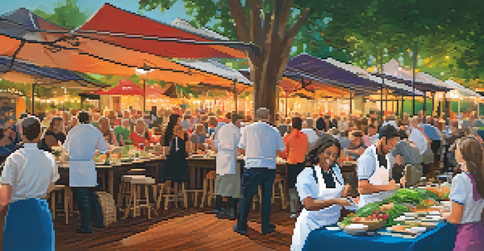 A lively Charlotte Food & Wine Festival scene with chefs cooking, gourmet dishes on display, and festival attendees enjoying tastings.