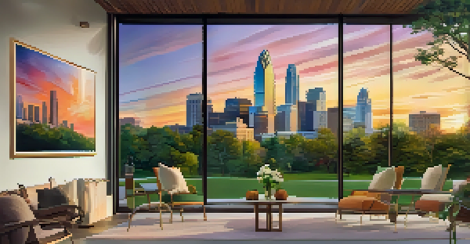 A sunset view of Charlotte's skyline with modern buildings and a park in the foreground filled with people and flowers.