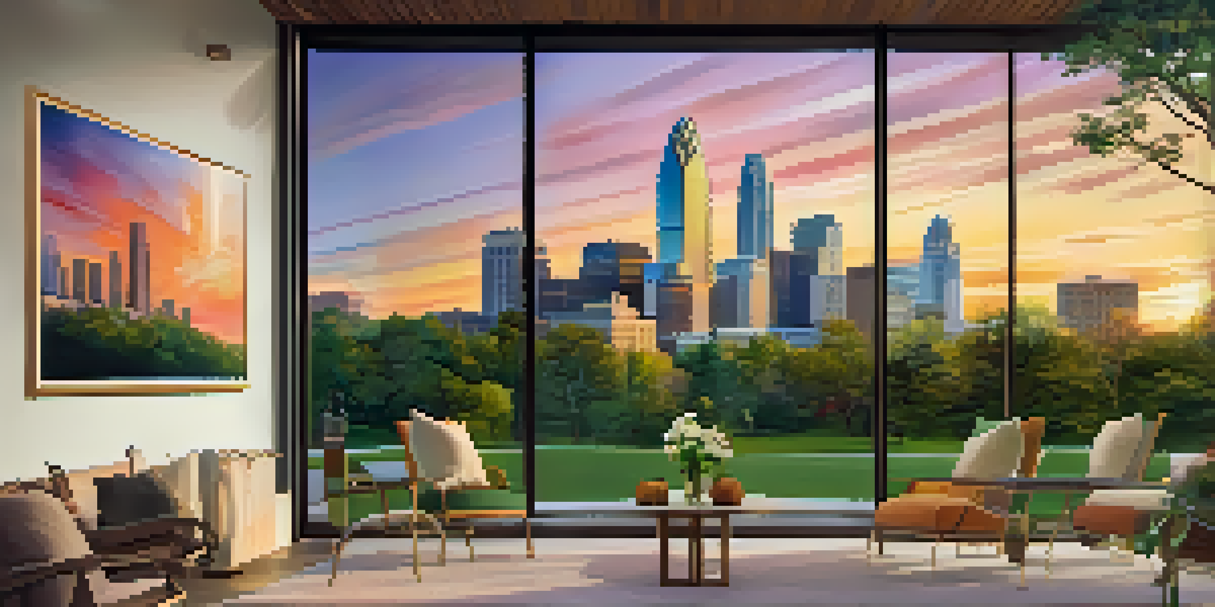 A sunset view of Charlotte's skyline with modern buildings and a park in the foreground filled with people and flowers.