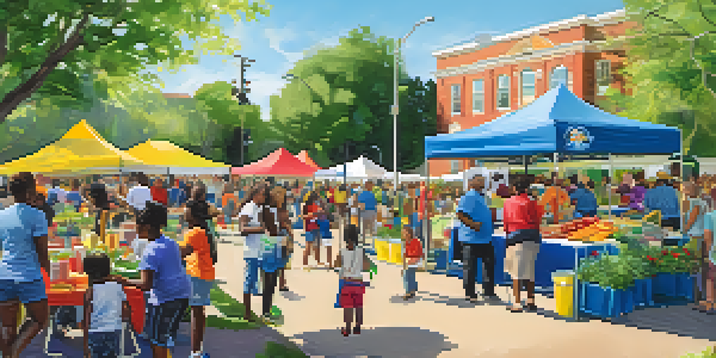 A lively community health fair with colorful booths and families engaging in wellness activities, set in a sunny outdoor park.