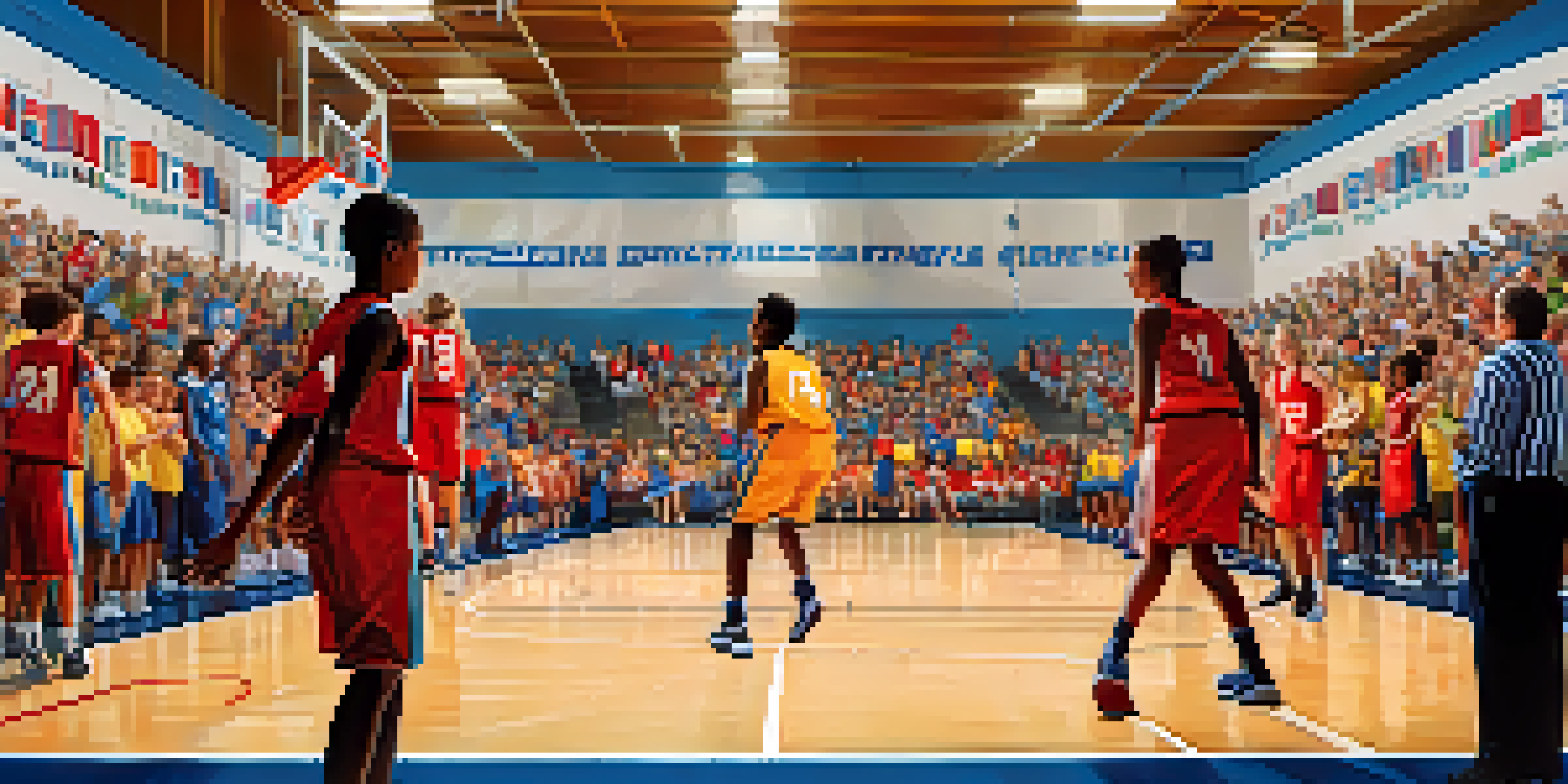 A lively youth basketball game in Charlotte, with children in colorful uniforms and an enthusiastic audience cheering.