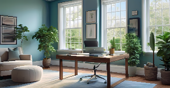A bright and airy home office with a desk, laptop, and plants, overlooking a garden.