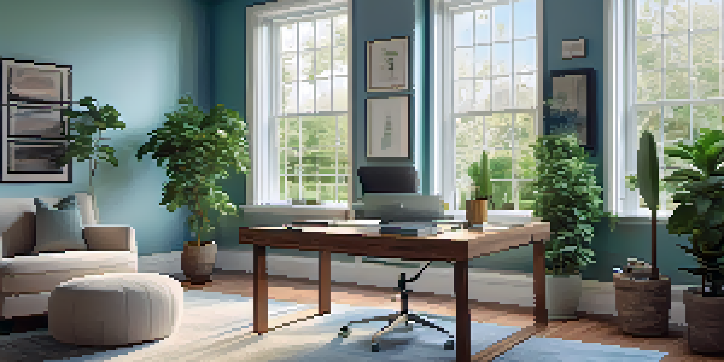 A bright and airy home office with a desk, laptop, and plants, overlooking a garden.