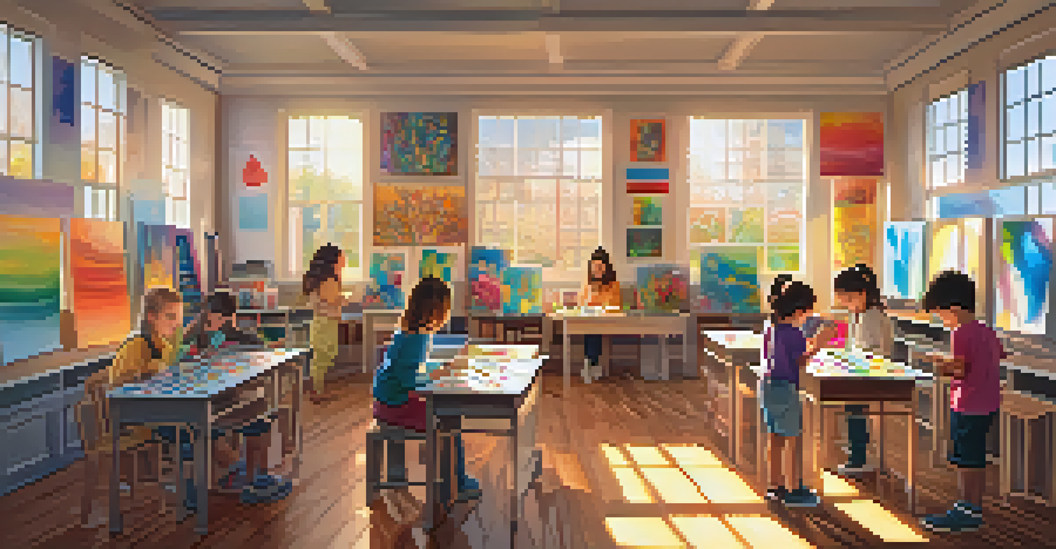 Children happily engaged in painting in a bright and colorful art classroom.