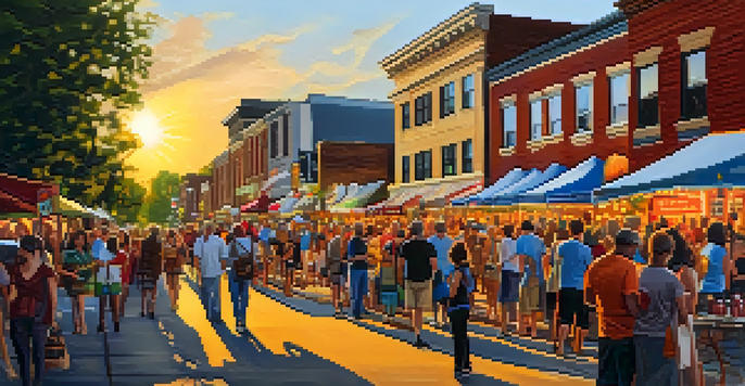 A lively outdoor art festival in Charlotte, with artists showcasing their work and a crowd of diverse visitors enjoying the scene under a warm sunset.