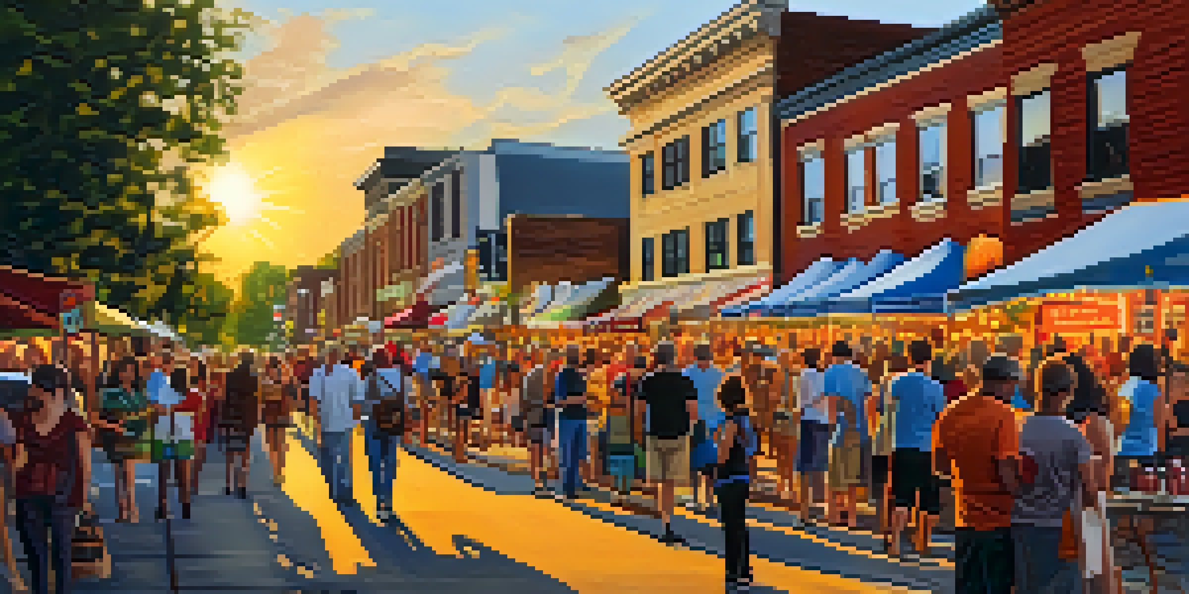 A lively outdoor art festival in Charlotte, with artists showcasing their work and a crowd of diverse visitors enjoying the scene under a warm sunset.