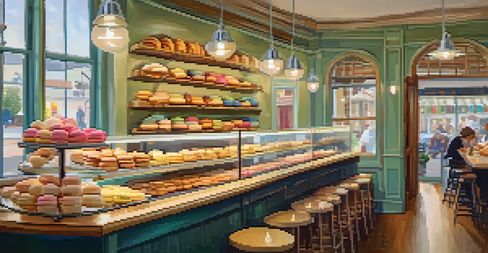 The interior of Amélie's French Bakery featuring colorful macarons and croissants in a cozy setting.