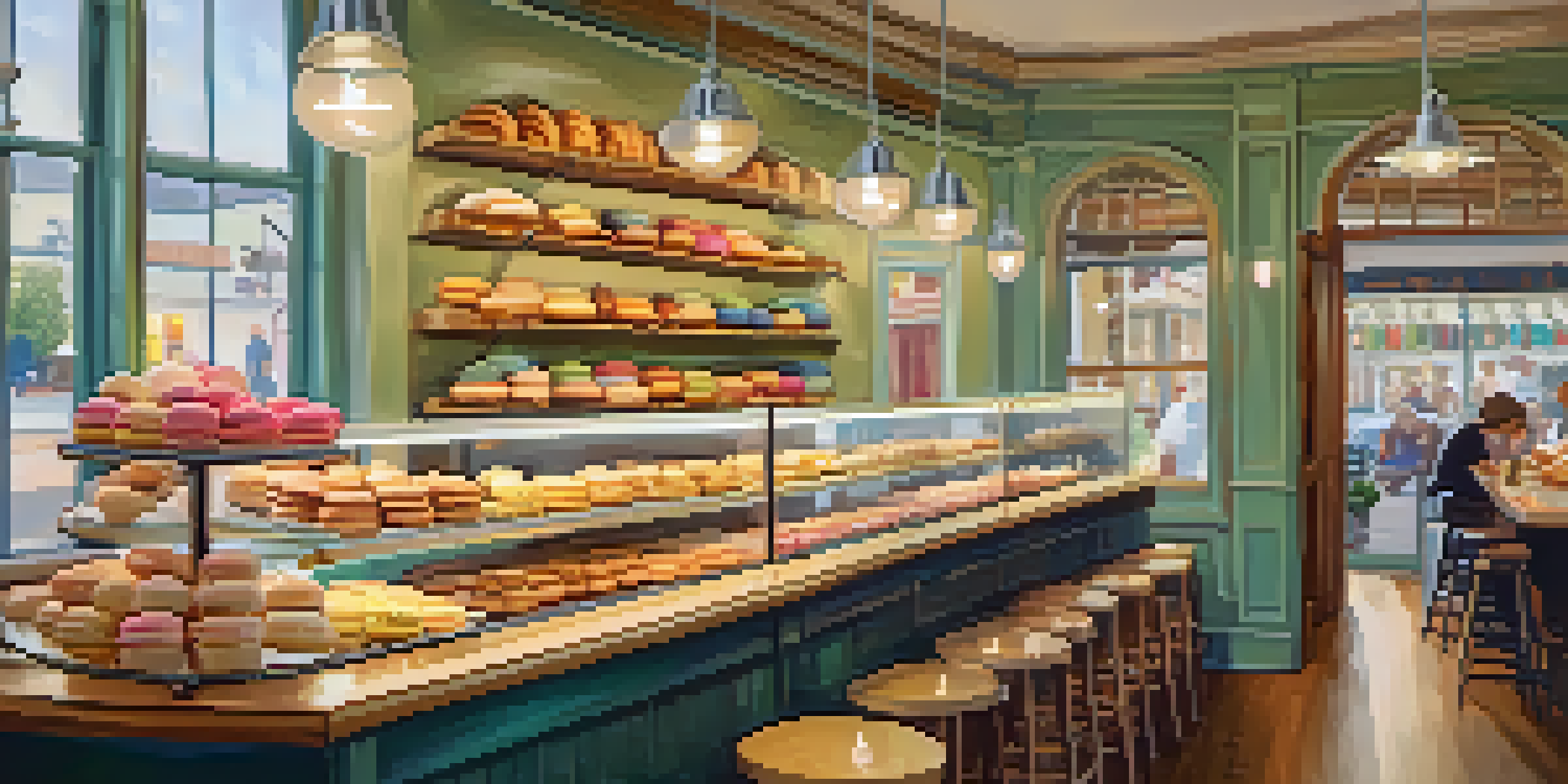 The interior of Amélie's French Bakery featuring colorful macarons and croissants in a cozy setting.
