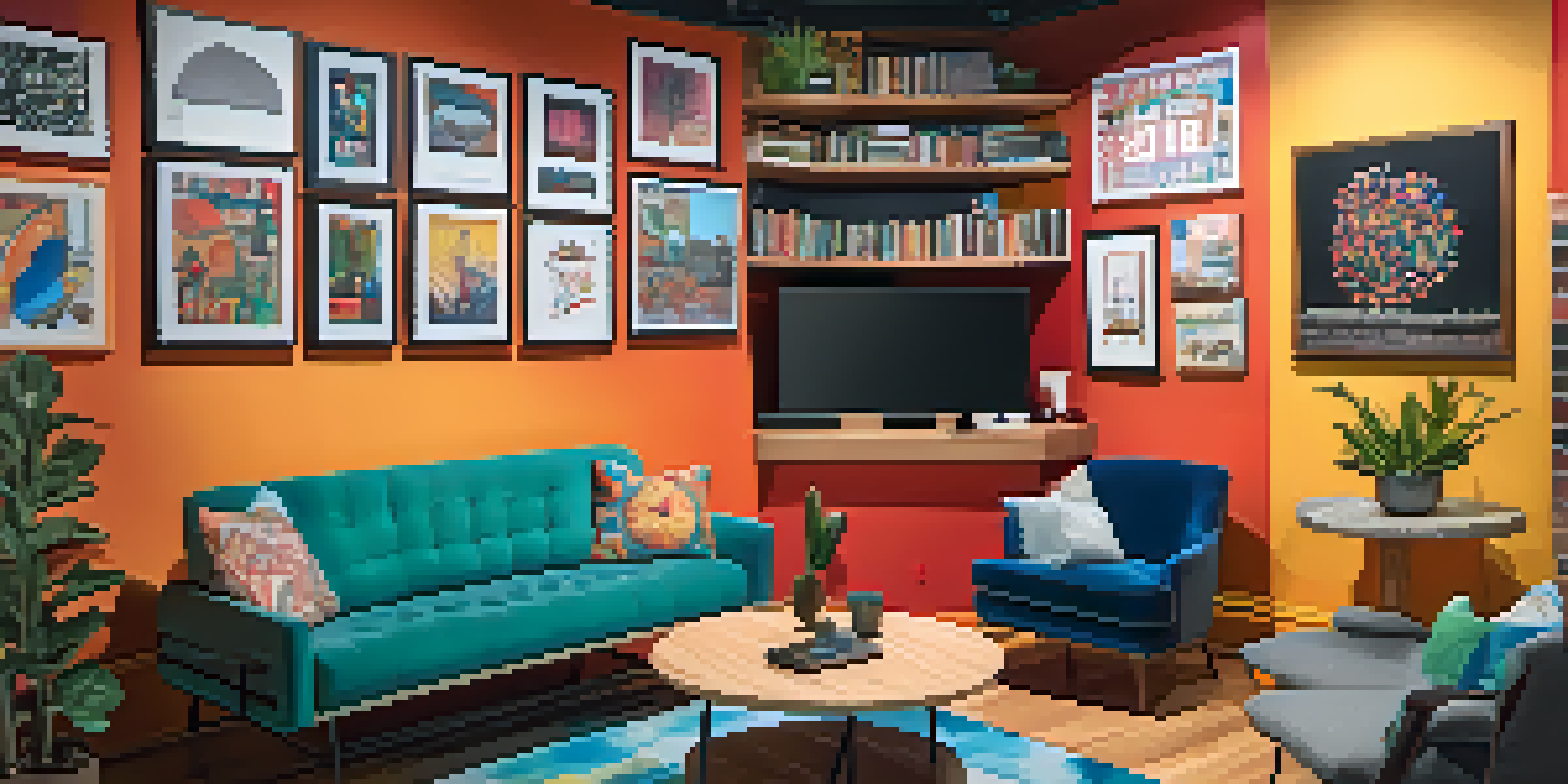 A cozy podcast studio in Charlotte with colorful microphones and artwork on the walls.