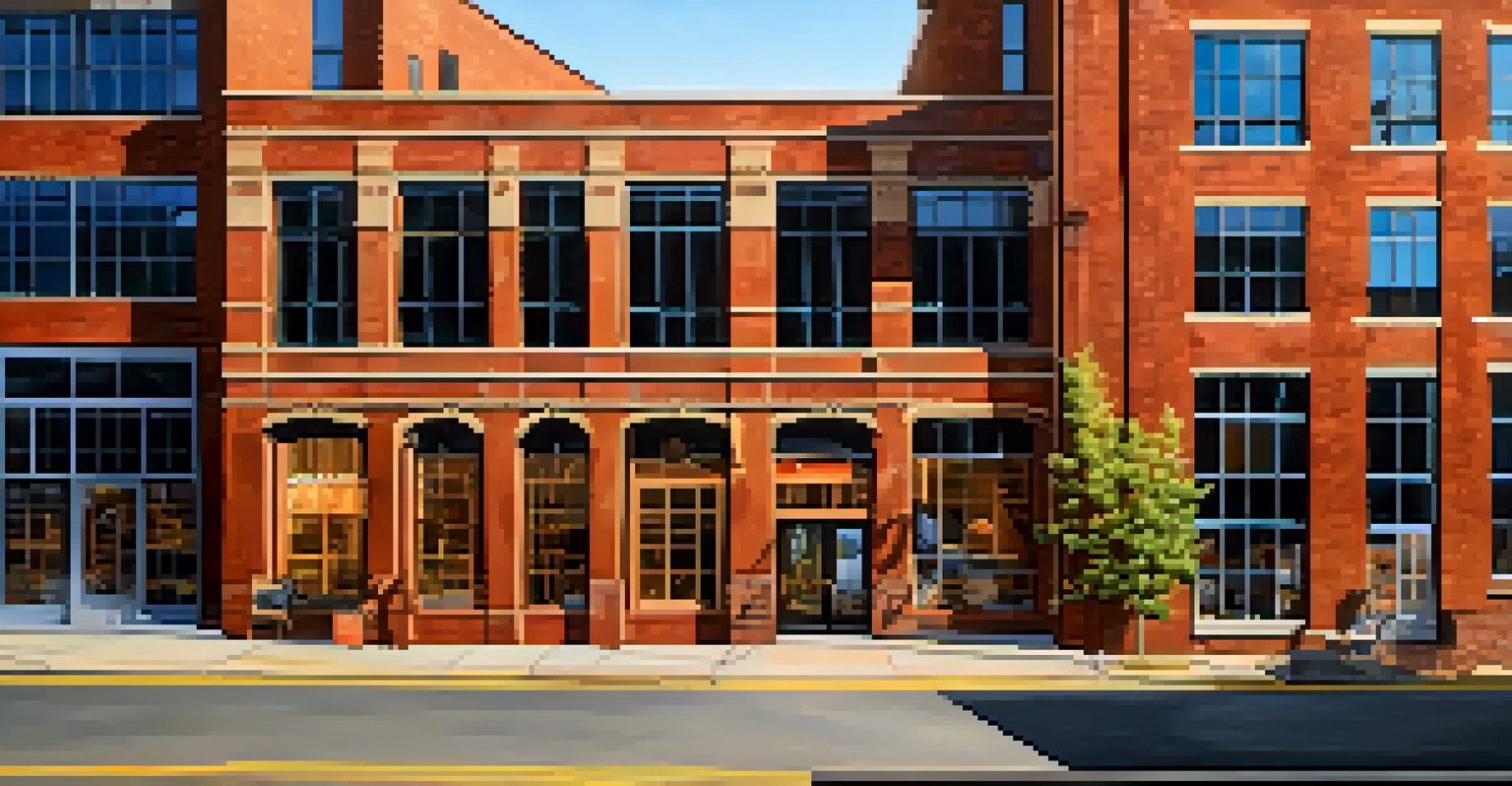 A historic warehouse in Charlotte converted into trendy lofts and art spaces, with a warm sunset glow.