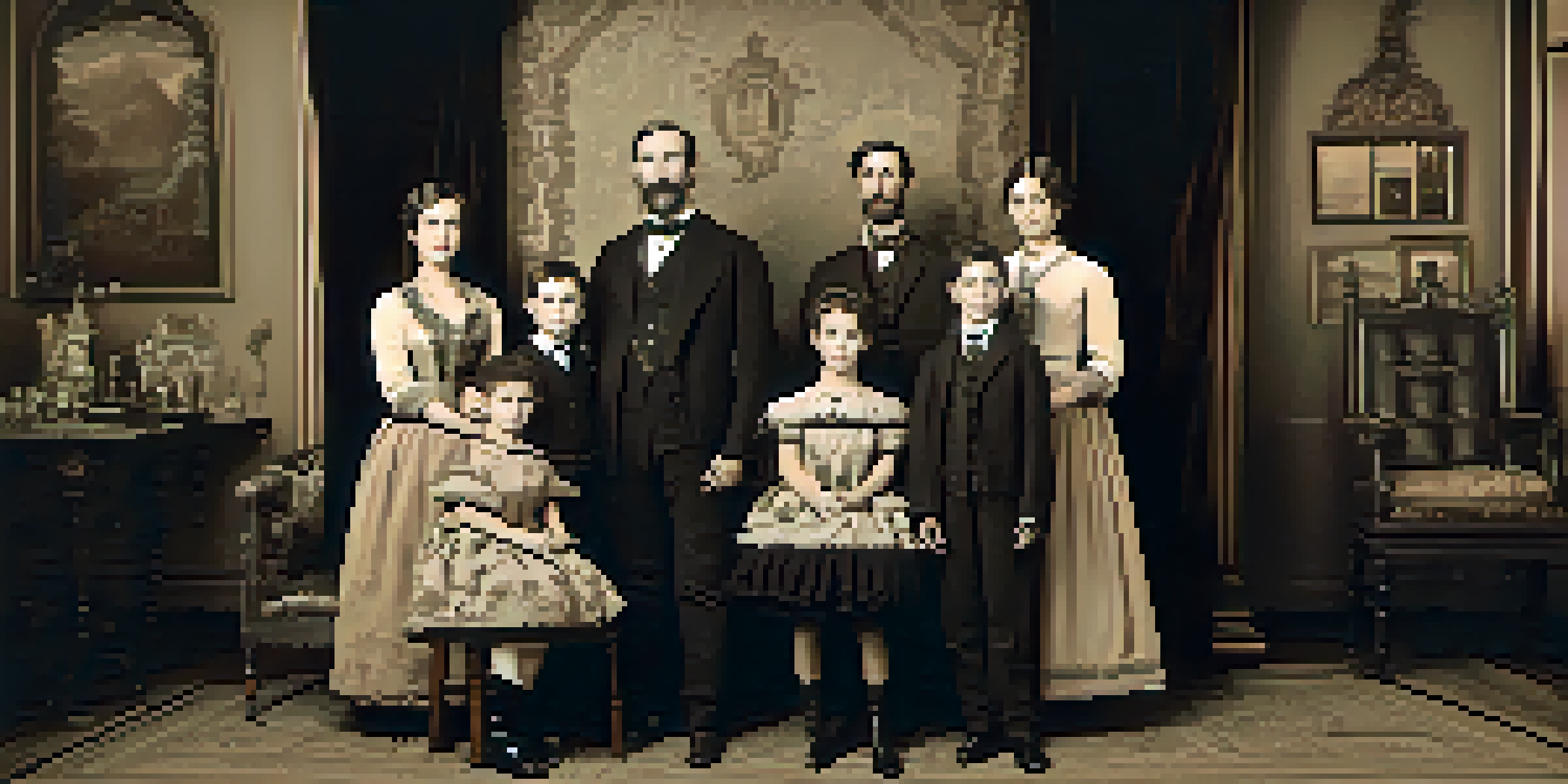 A vintage photography studio with a family posing for a daguerreotype portrait in sepia tones.