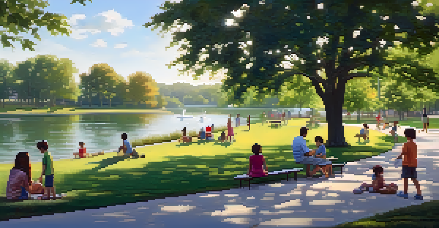 Families enjoying a sunny day at Freedom Park, with a lake, greenery, and children playing.
