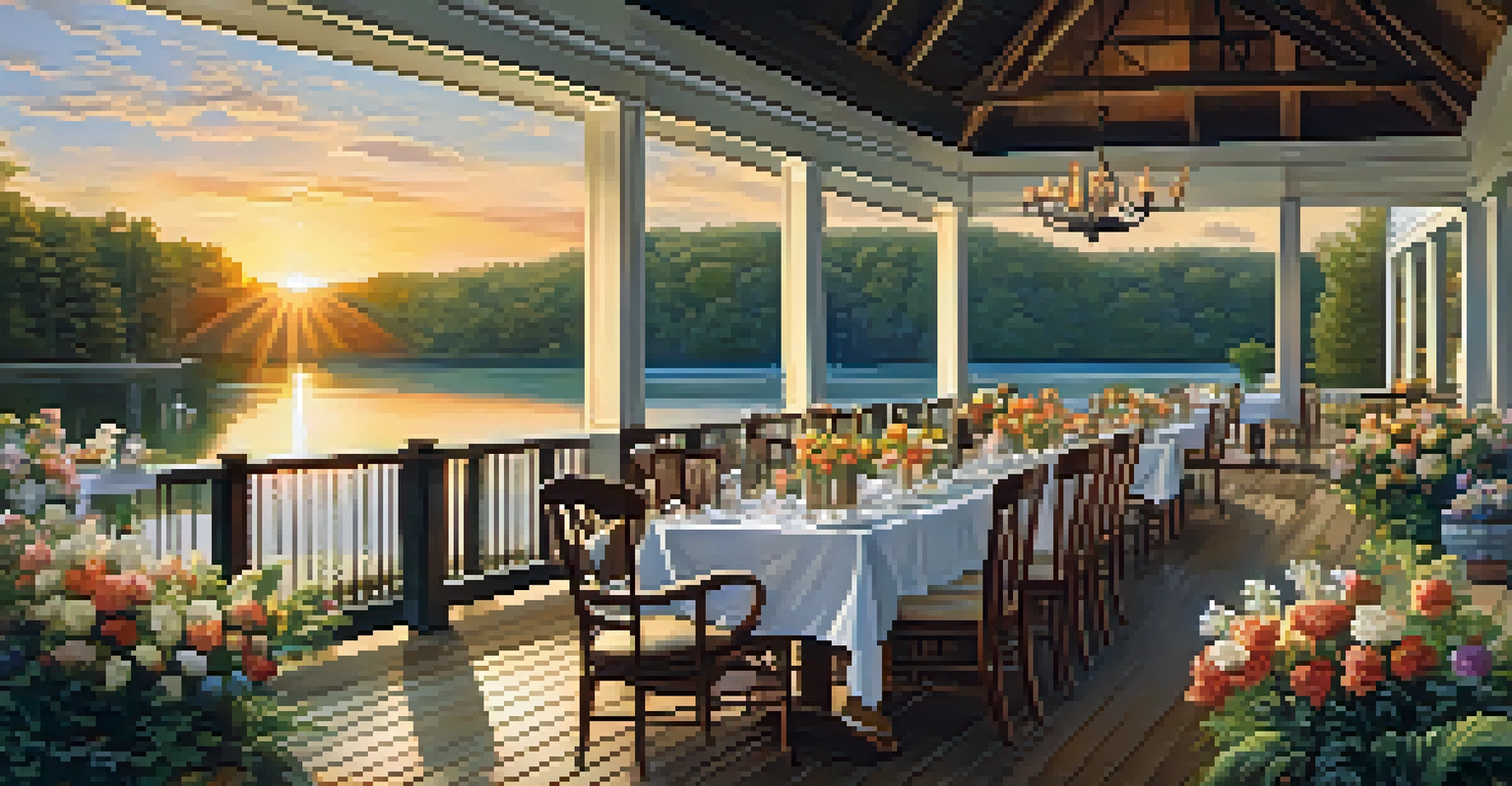 A lakeside dining experience with diners enjoying seafood and a beautiful view of the lake, enhanced by a colorful sunset.