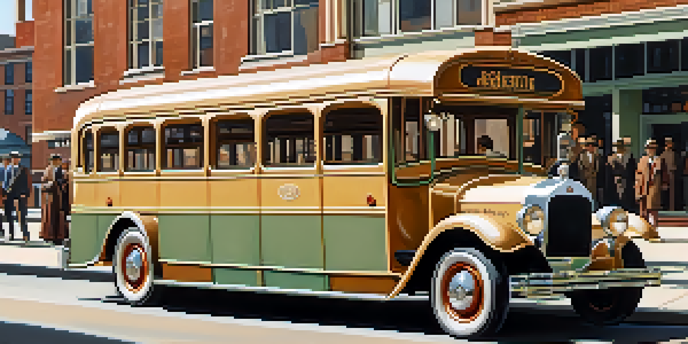 A vintage 1920s bus parked on a busy street with pedestrians in period clothing and art deco buildings in the background, under warm sunlight.