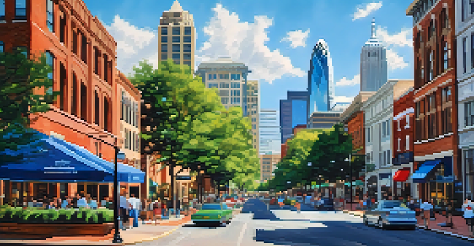 A busy urban scene in Charlotte, North Carolina, featuring modern skyscrapers and historic buildings, with pedestrians and outdoor cafes in a lively city atmosphere.