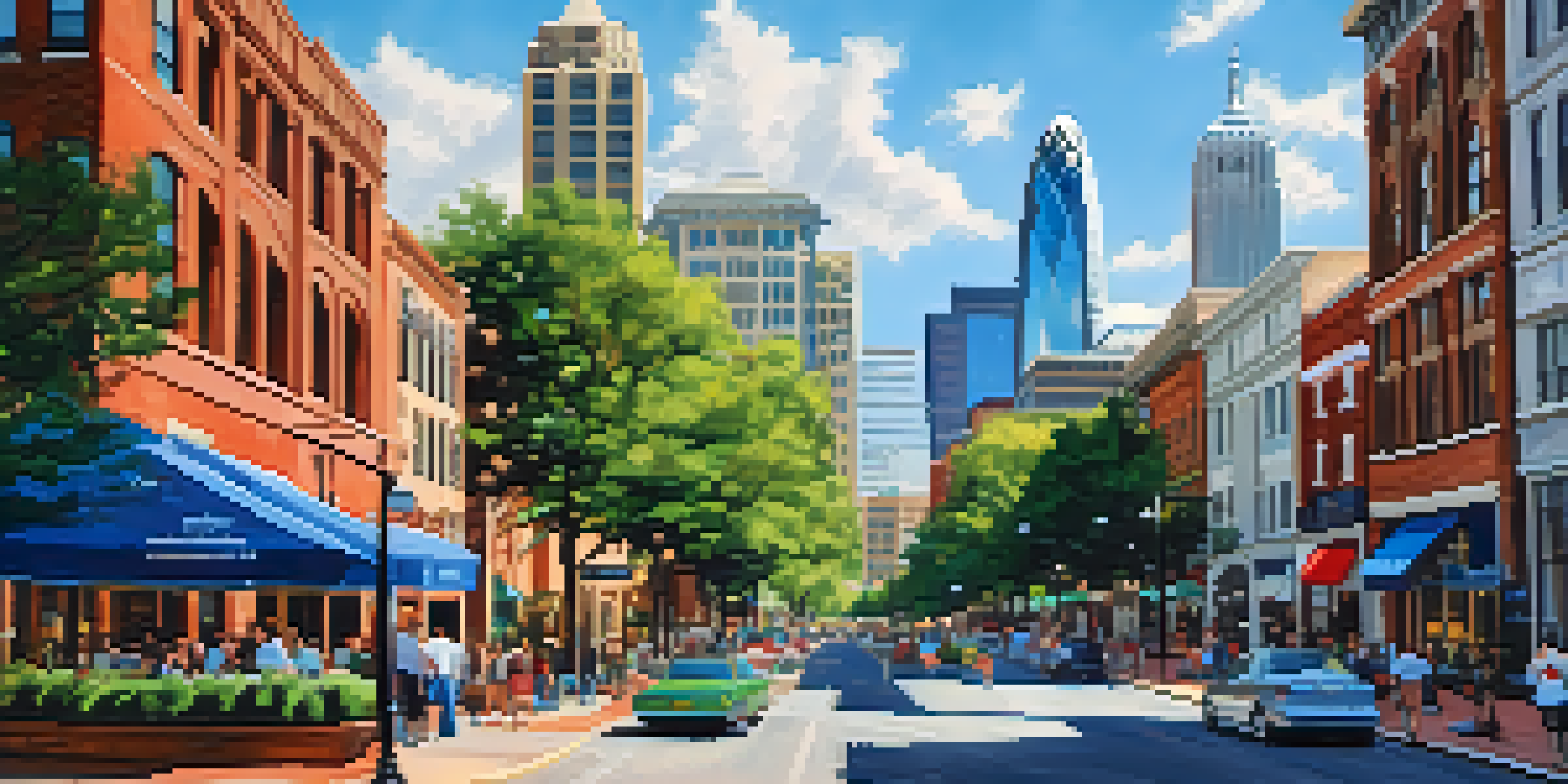 A busy urban scene in Charlotte, North Carolina, featuring modern skyscrapers and historic buildings, with pedestrians and outdoor cafes in a lively city atmosphere.
