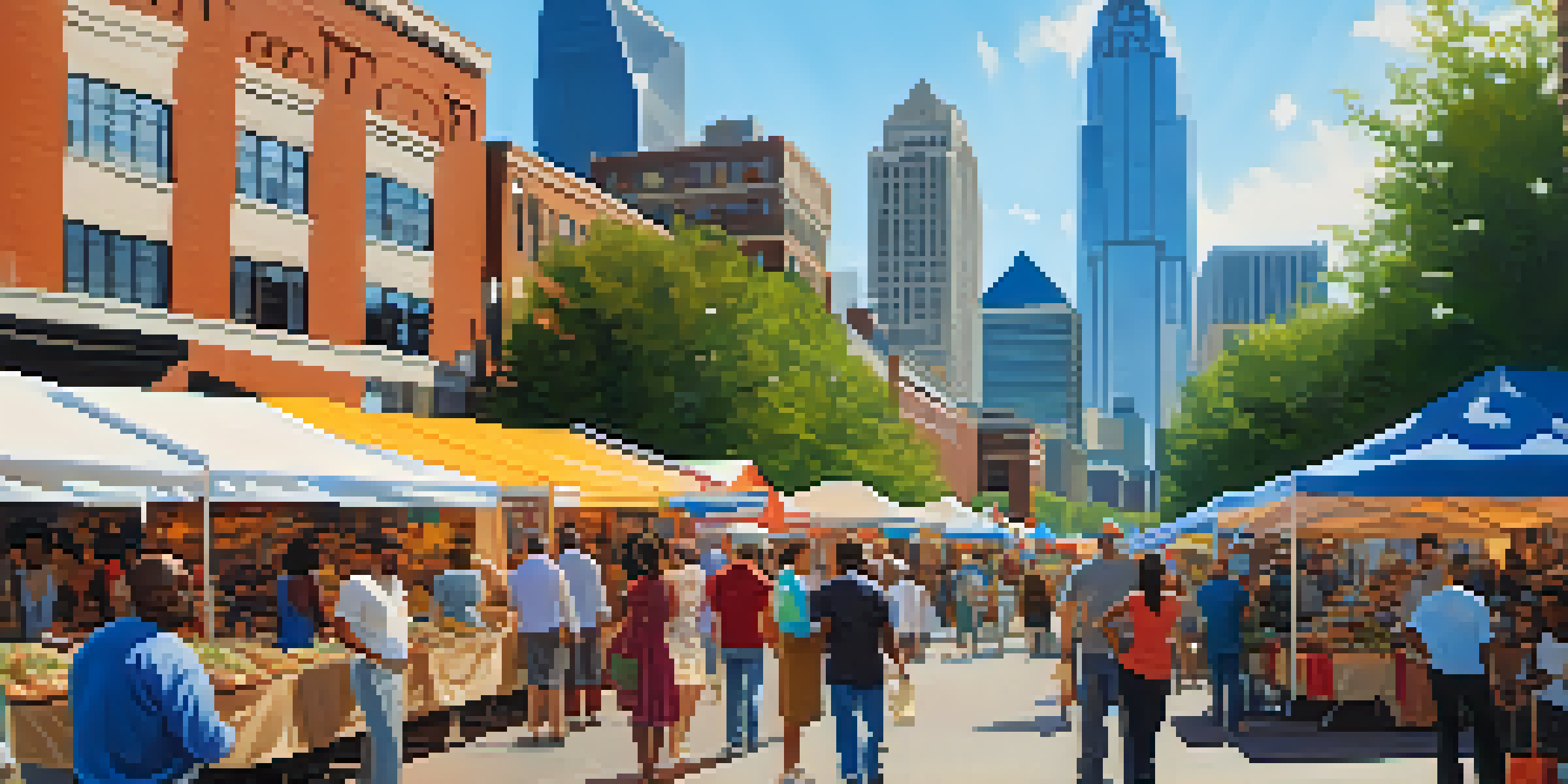 A vibrant outdoor market in Charlotte featuring diverse entrepreneurs, colorful tents, and the city skyline in the background.