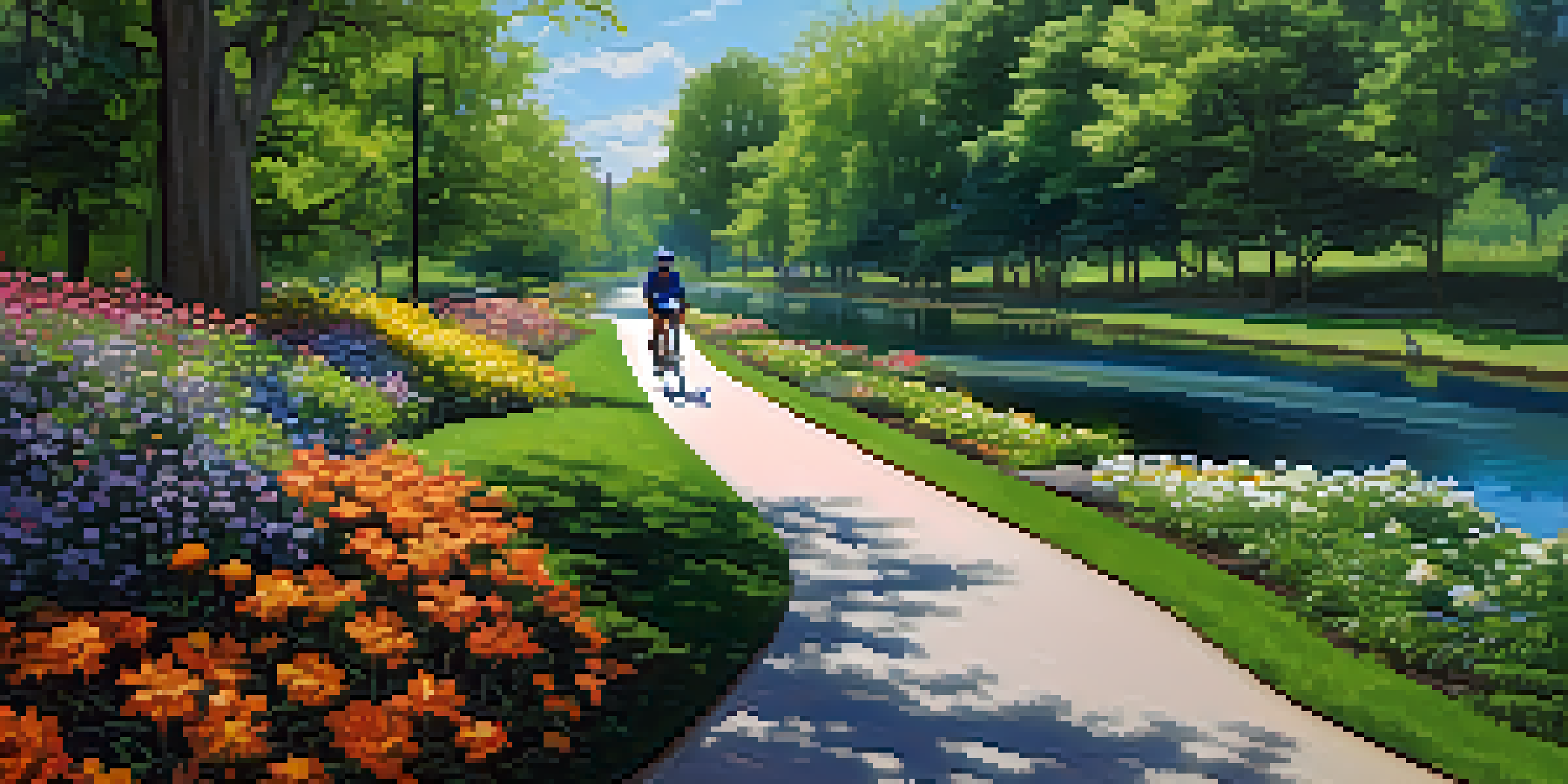 A cyclist riding on a scenic biking trail in Charlotte, surrounded by greenery and flowers under a clear blue sky.
