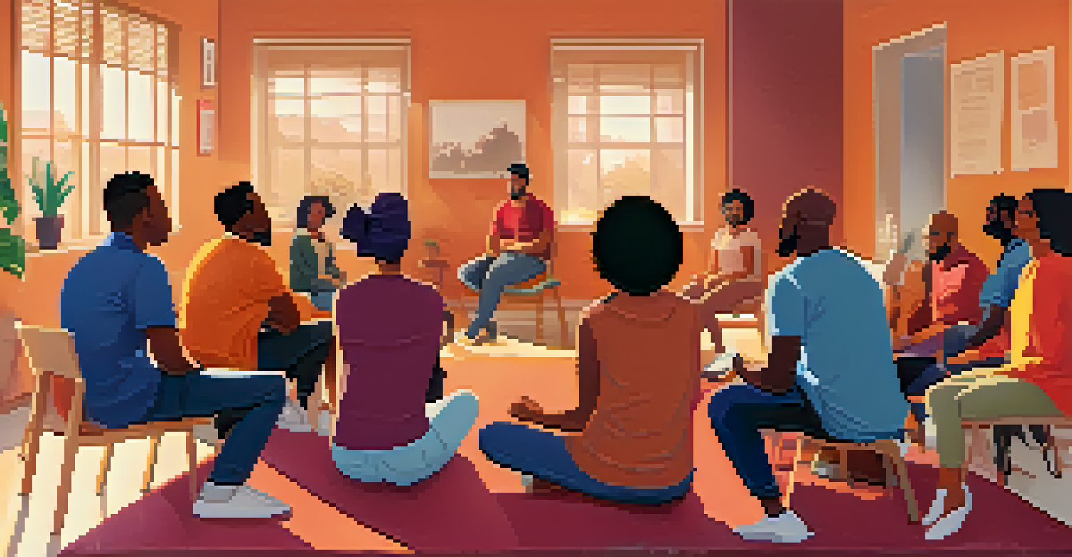 A diverse group of people in a support group sitting in a circle, engaged in conversation in a bright room.