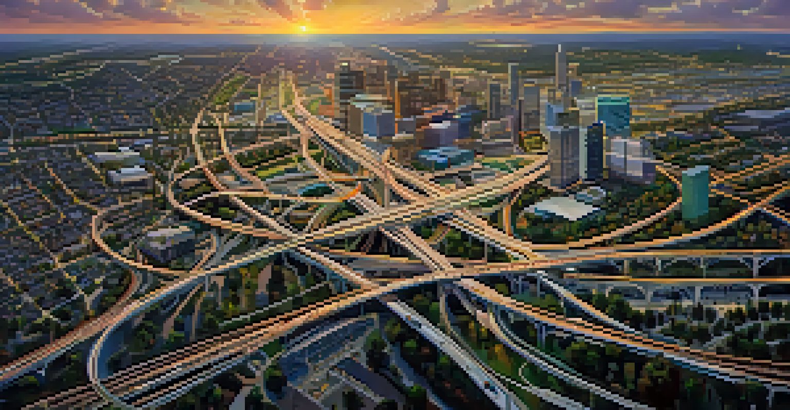 Aerial view of Charlotte's transportation network with highways, rail lines, and the airport during sunset.