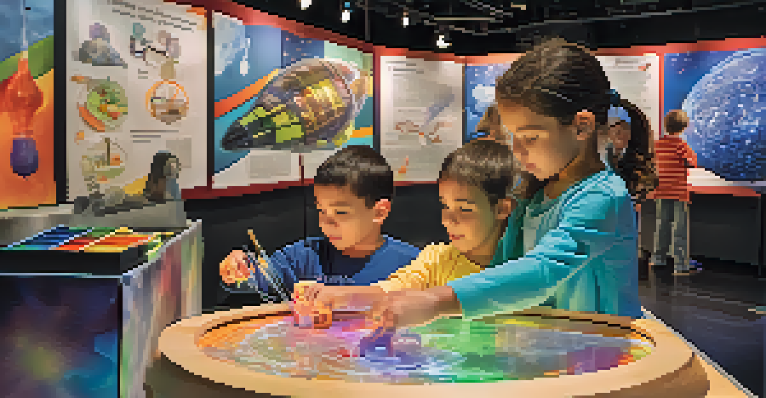 Children and parents engaged in a science demonstration at an interactive museum with colorful displays.