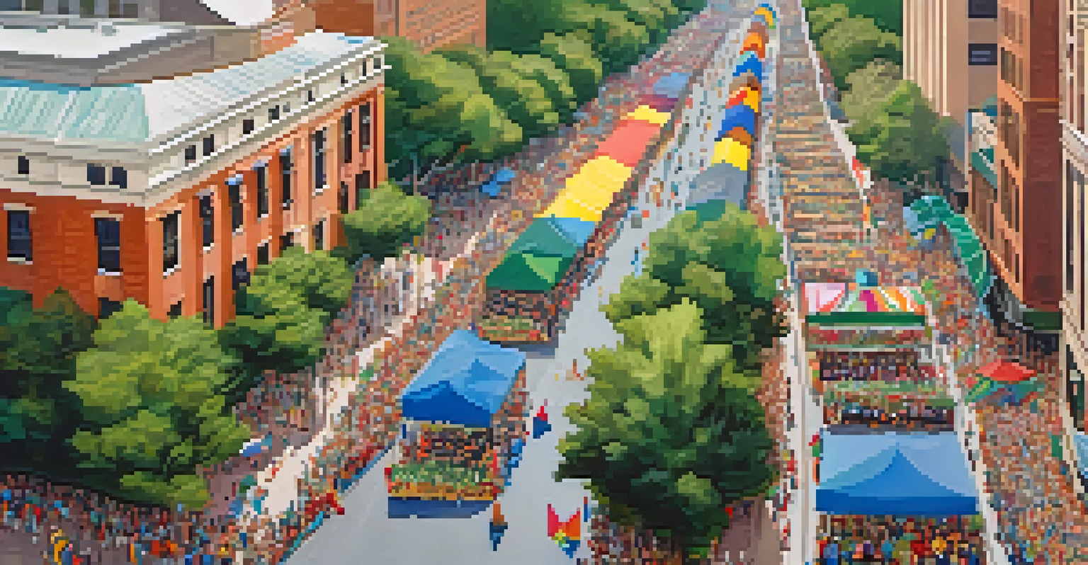 An aerial view of a busy parade route in Charlotte, filled with people, colorful floats, and food stalls, capturing the festive atmosphere.