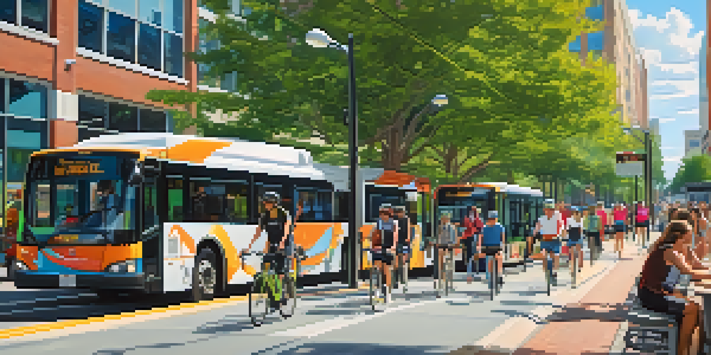 An urban scene depicting cyclists, electric buses, and pedestrians in Charlotte, with green spaces and clear skies.
