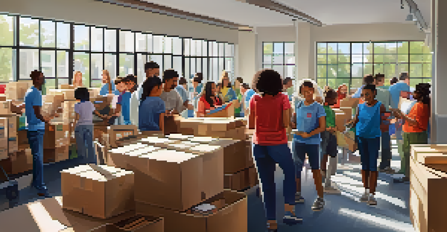 Volunteers, including parents and community members, organizing school supplies for students in need in a bright and welcoming environment.