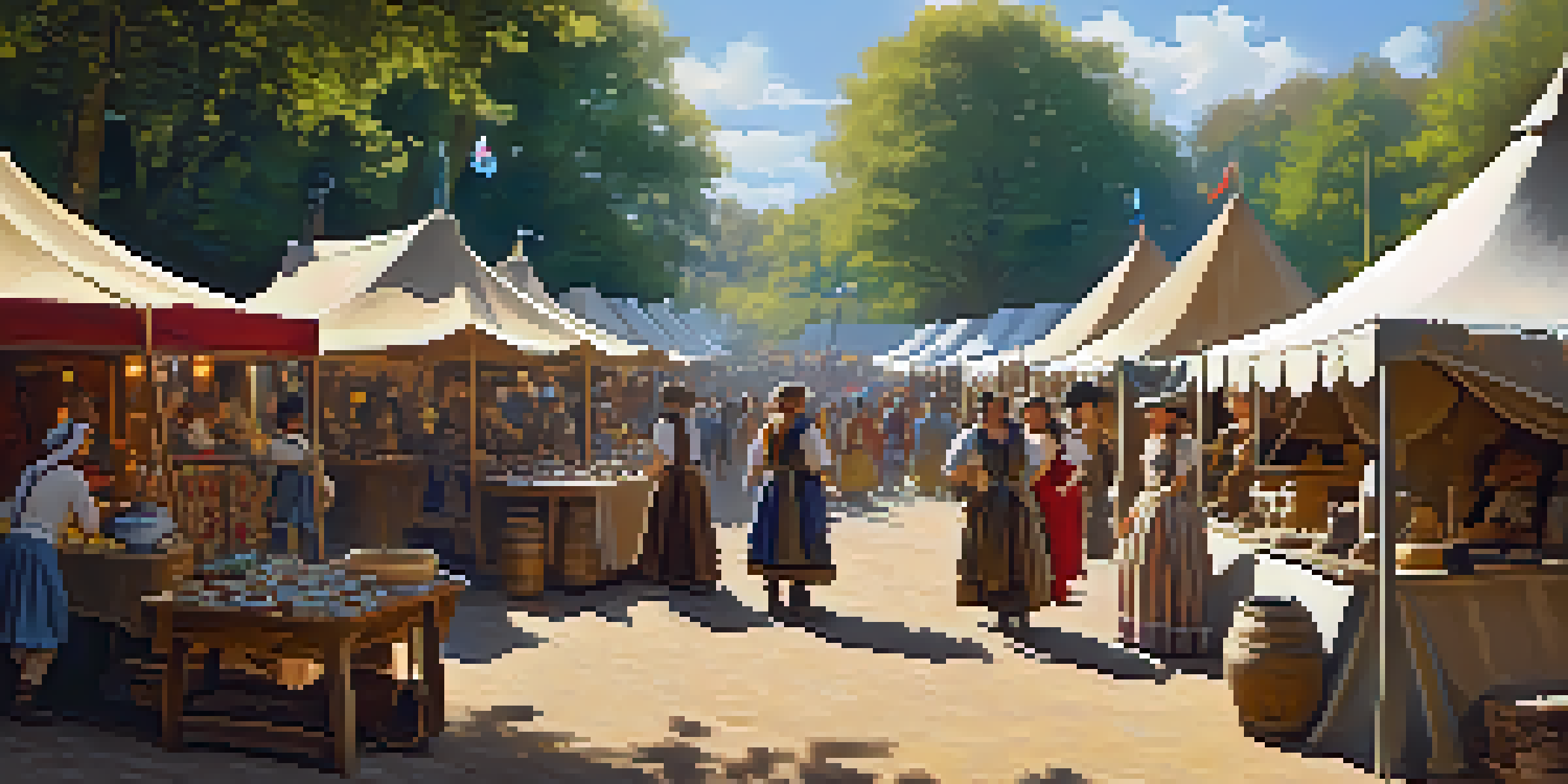 A lively marketplace at the Carolina Renaissance Festival with artisans and visitors dressed in colorful costumes, showcasing crafts like pottery.