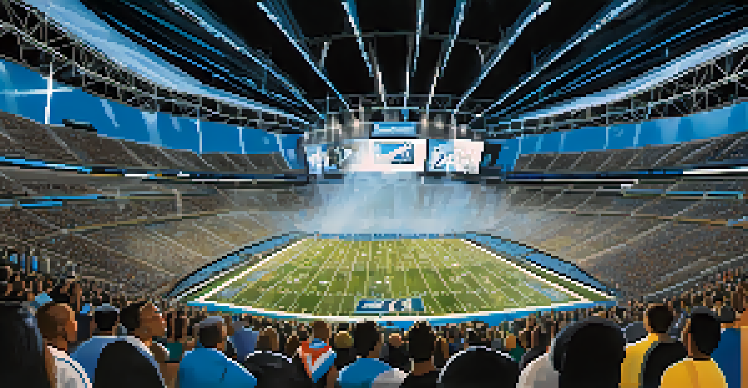 Interior view of Bank of America Stadium during a concert with vibrant lights and a large crowd.