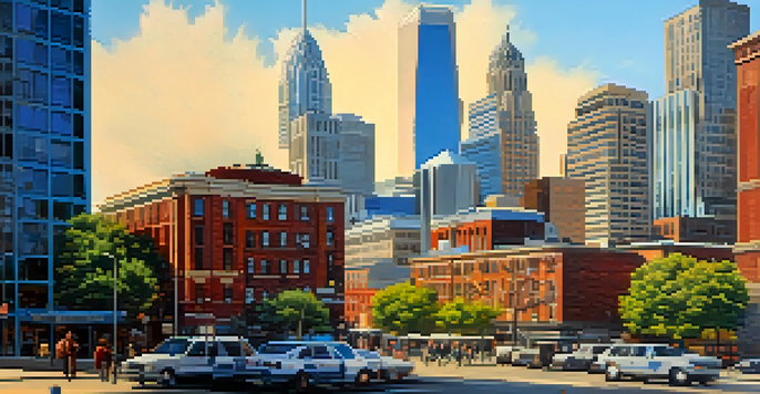 A lively cityscape of Charlotte, North Carolina, with modern skyscrapers, historic buildings, and diverse professionals using technology.