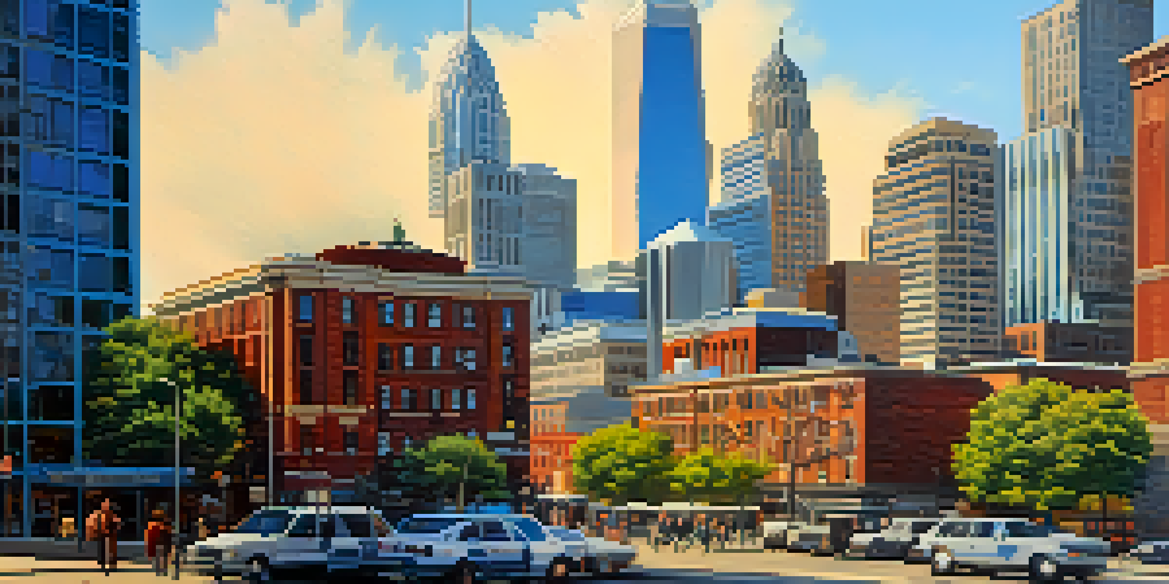 A lively cityscape of Charlotte, North Carolina, with modern skyscrapers, historic buildings, and diverse professionals using technology.