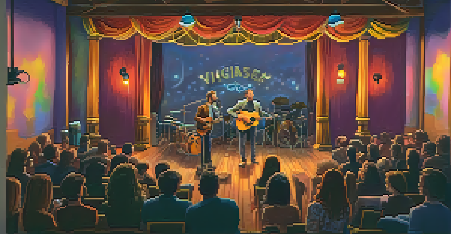 A live performance at the Visulite Theatre, featuring a musician on stage with an engaged audience in a cozy setting.