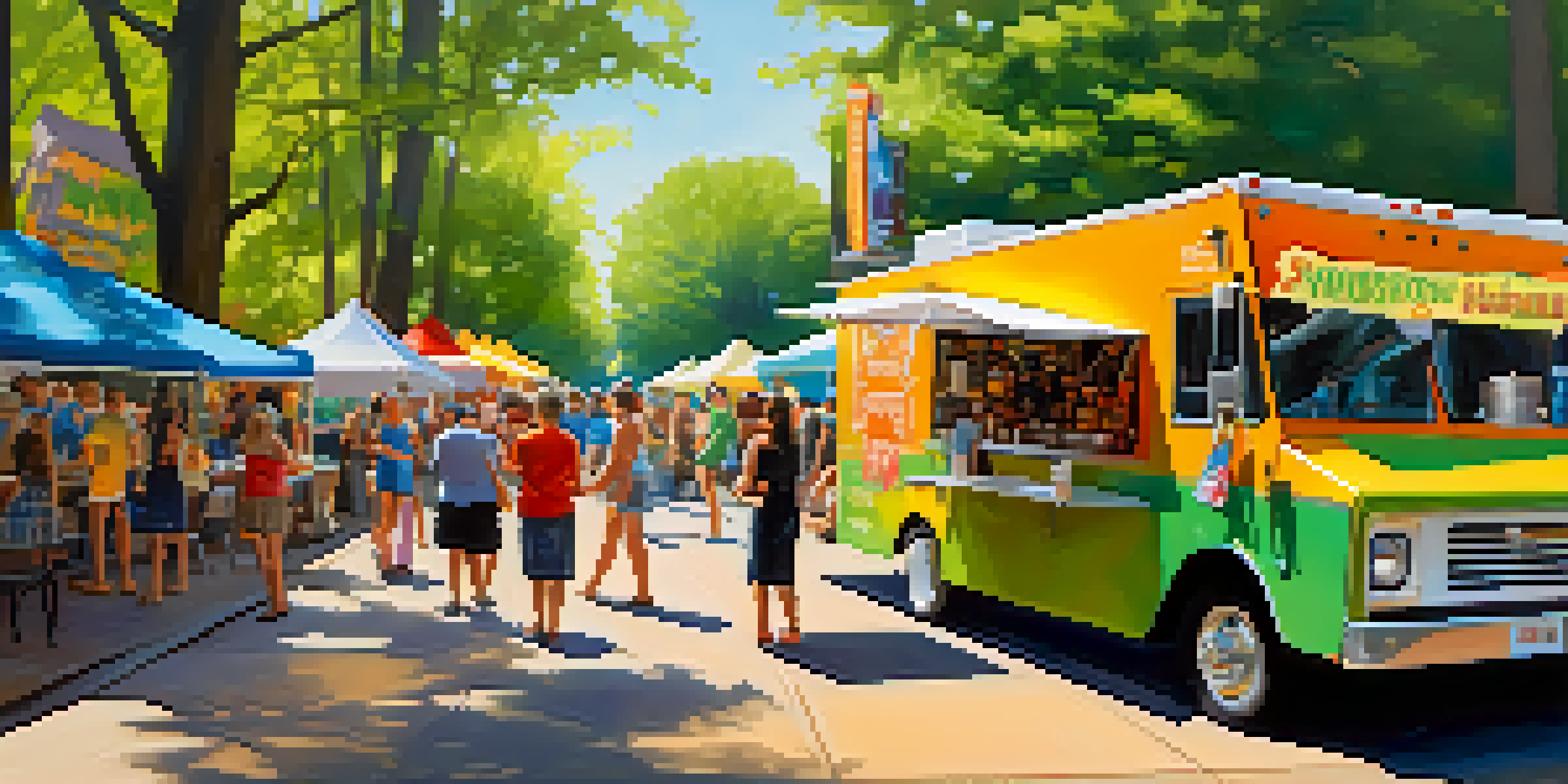 A lively food truck festival with people enjoying meals and colorful food trucks in a park setting.