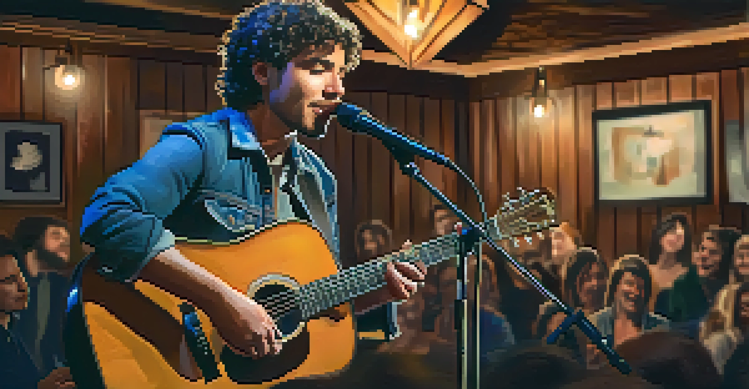 A singer-songwriter performing in a cozy venue, captured in a close-up shot with soft lighting and warm decor.